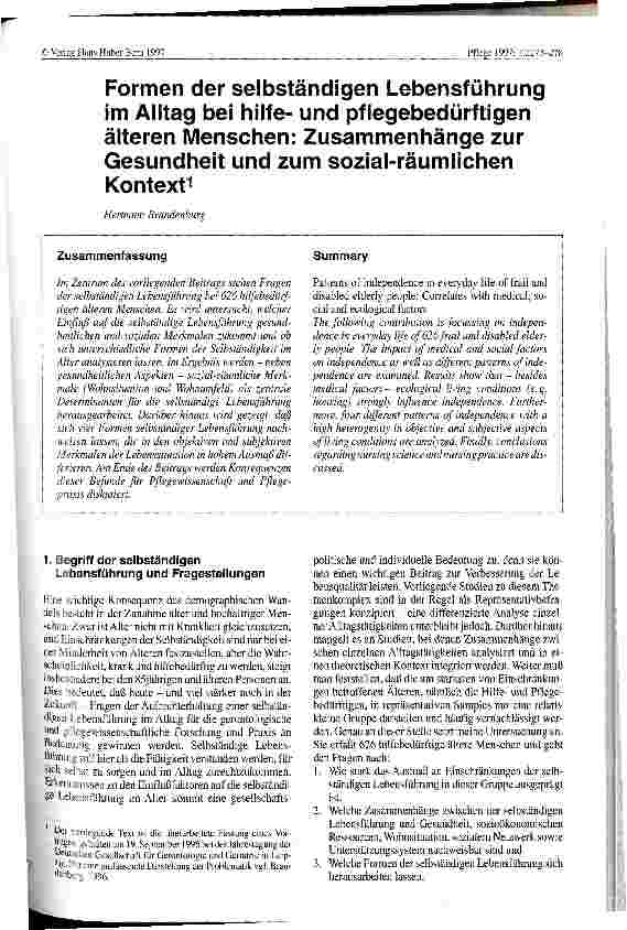 Vorschauseite 1: Formen der selbständigen Lebensführung im Alltag bei hilfeund pflegebedürftigen älteren Menschen: Zusammenhänge zur Gesundheit und zum sozial-räumlichen Kontext