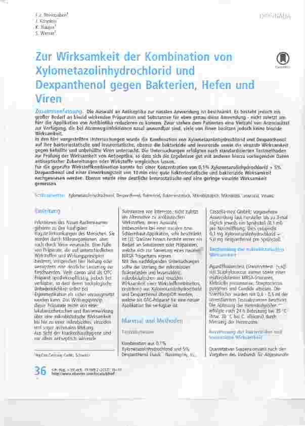 Vorschauseite 1: Zur Wirksamkeit der Kombination von Xylometazolinhydrochlorid und Dexpanthenol gegen Bakterien, Hefen und Viren