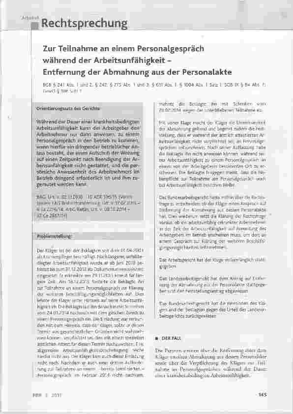 Vorschauseite 1: Zur Teilnahme an einem Personalgesprächwährend der ArbeitsunfähigkeitEntfernung der Abmahnung aus der Personalakte