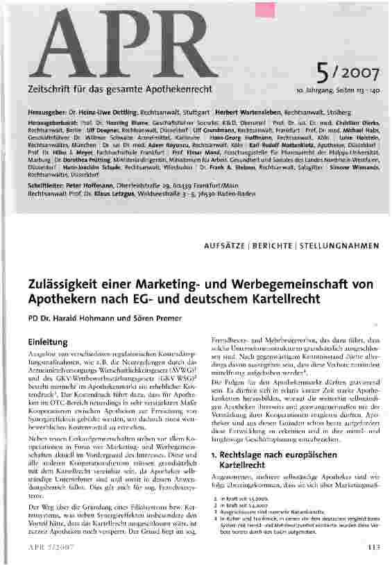 Vorschauseite 1: Zulässigkeit einer Marketingund Werbegemeinschaft von Apothekern nach EGund deutschem Kartellrecht
