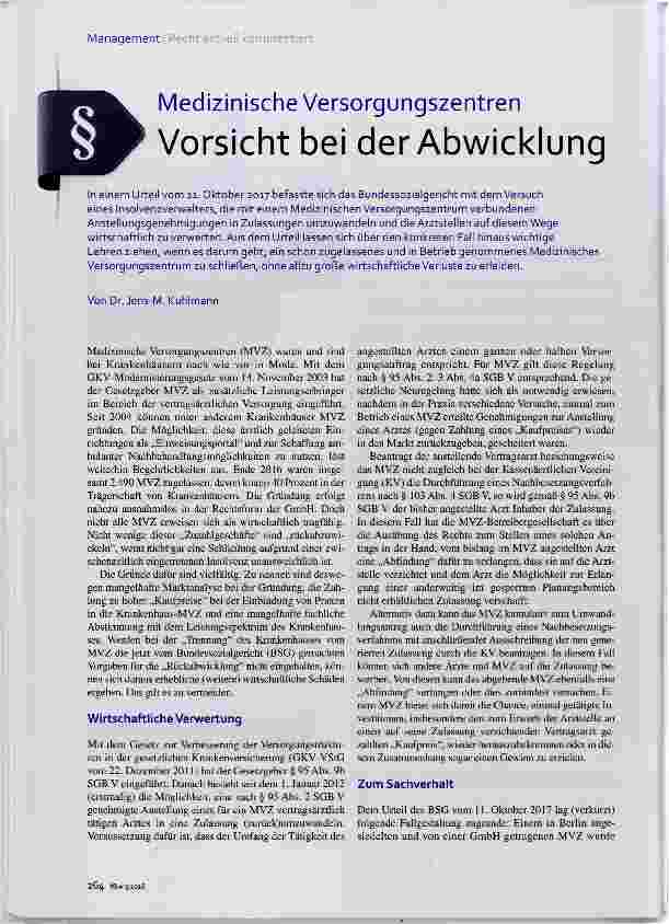 Vorschauseite 1: Medizinische Versorgungszentren Vorsicht bei der Abwicklung