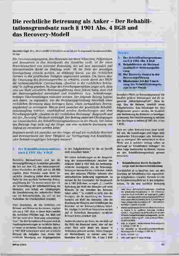 Vorschauseite 1: Die rechtliche Betreuung als Anker - Der Behahilitationsgrundsatz nach § 1901 Ahs. 4 BGB und das Recovery-Modell