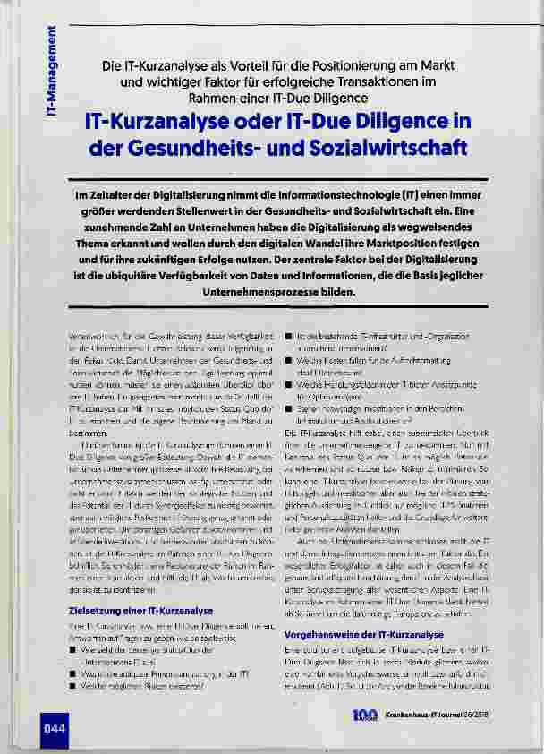 Vorschauseite 1: IT-Kurzanalyse oder IT-Due Diligence in der Gesundheitsund Sozialwirtschaft