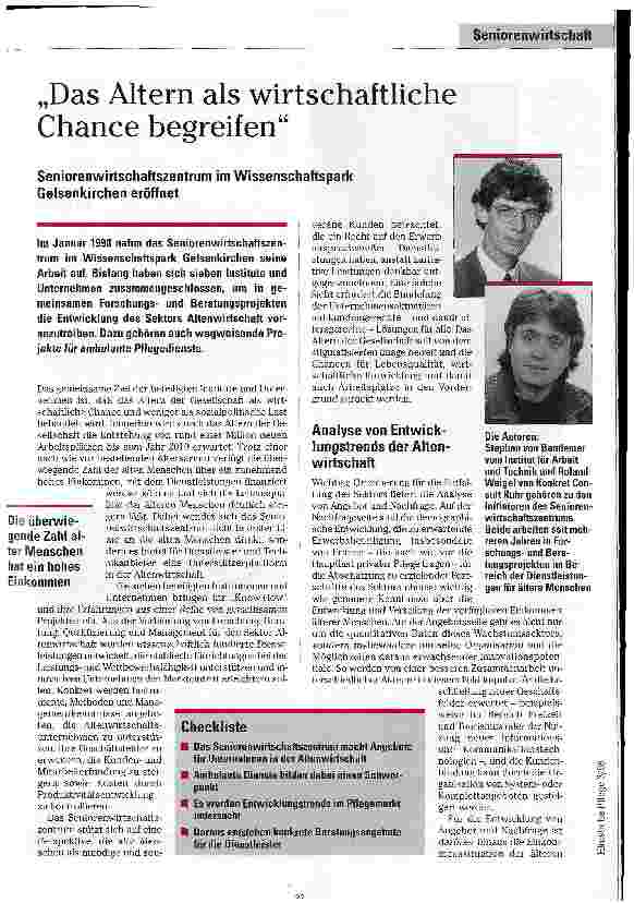 Vorschauseite 1: Das Altern als wirtschafltiche Chance begreifen Seniorenwirtschaftszentrum im Wissenschaftspark Gelsenkirchen eröffnet