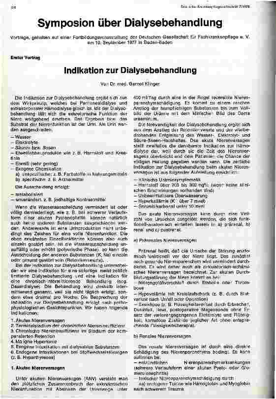 Vorschauseite 1: Symposion über Dialysebehandlung Indikation zur Dialysebehandlung