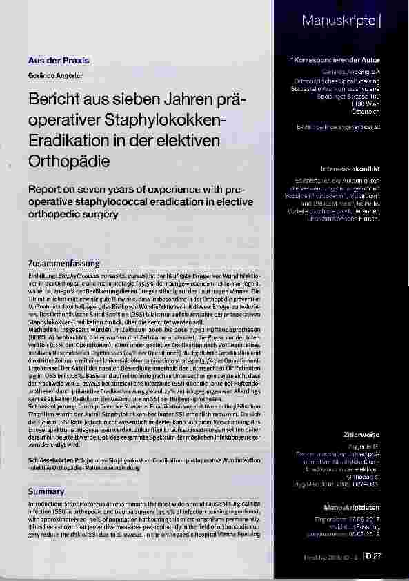 Vorschauseite 1: Bericht aus sieben Jahren präoperativer Staphylokokken- Eradikation in der elektiven Orthopädie