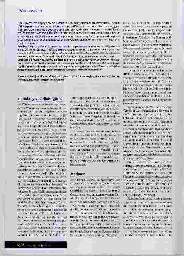 Vorschauseite 2: Bericht aus sieben Jahren präoperativer Staphylokokken- Eradikation in der elektiven Orthopädie