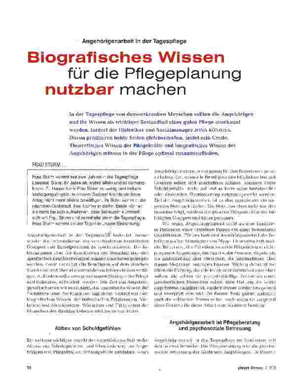 Vorschauseite 1: Biografisches Wissen für die Pflegeplanung nutzbar machen