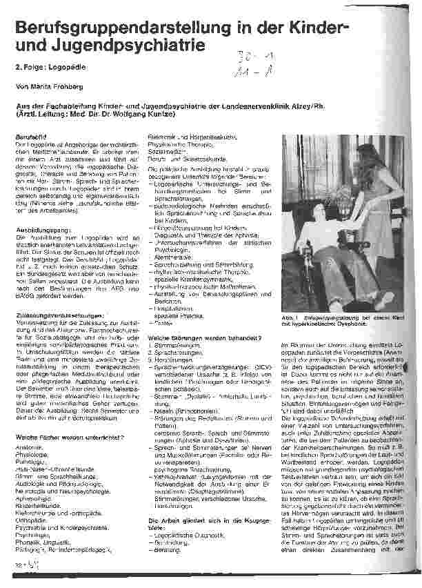 Vorschauseite 1: Berufsgruppendarstellung in der Kinderund Jugendpsychiatrie 2. Folge: Logopädie