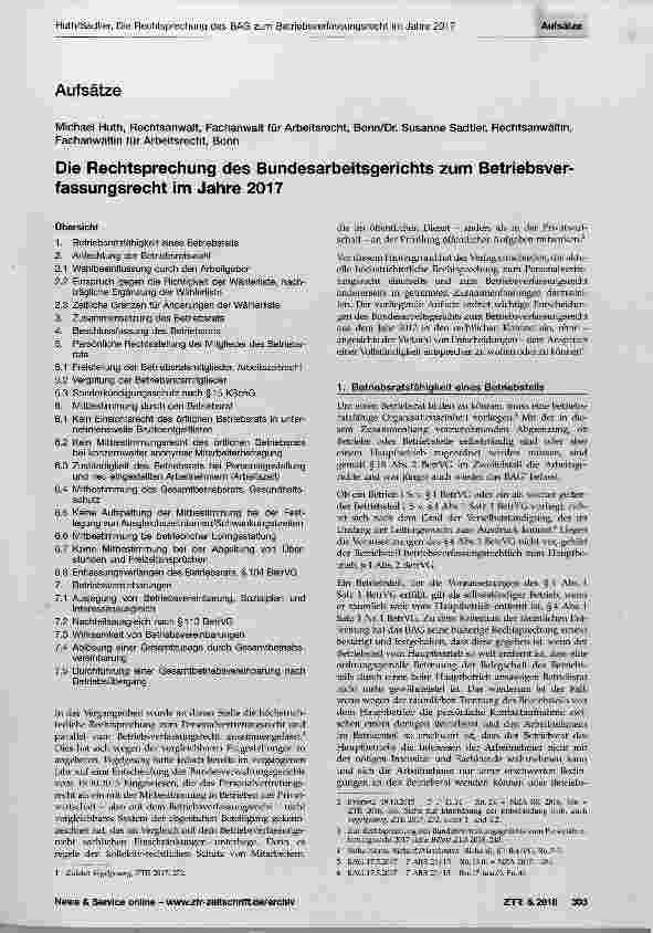 Vorschauseite 1: Die Rechtsprechung des Bundesarbeitsgerichts zum Betriebsverfassungsrecht im Jahre 2017