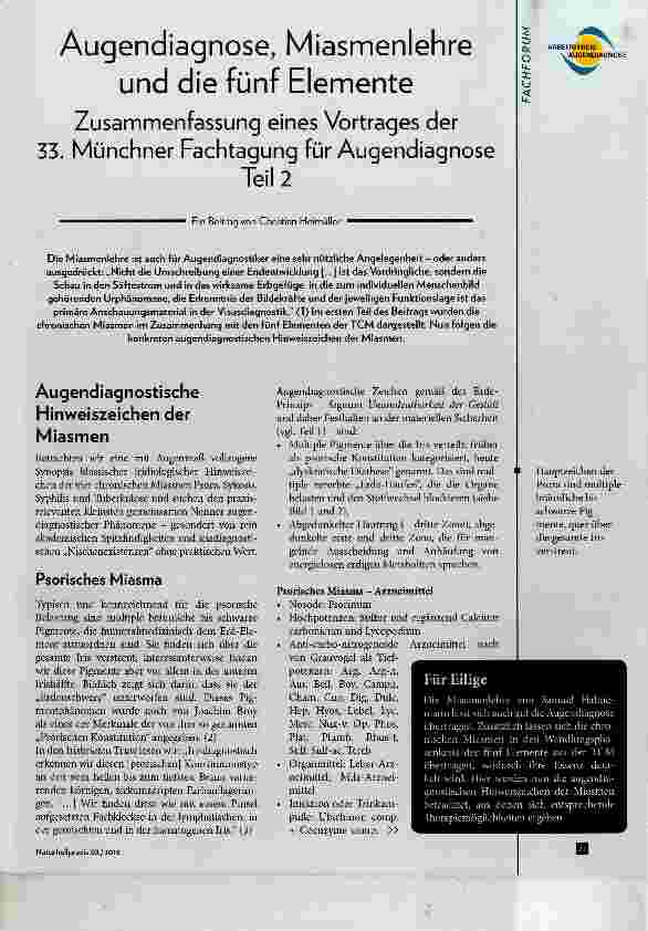Vorschauseite 1: Augendiagnose, Miasmenlehre und die fünf Elemente Zusammenfassung eines Vortrages der 33. Münchner Fachtagung für Augendiagnose Teil 2