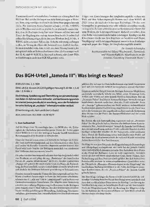 Vorschauseite 1: Das BGH-Urteil Jameda Was bringt es Neues?