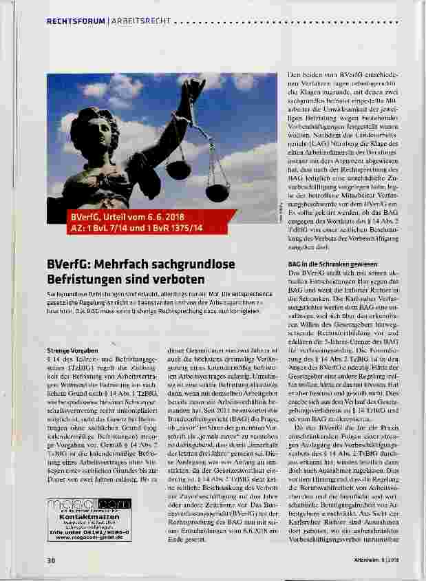 Vorschauseite 1: BVerfG: Mehrfach sachgrundlose Befristungen sind verboten