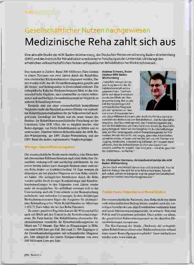 Vorschauseite 1: Gesellschaftlicher Nutzen nachgewiesen Medizinische Reha zahlt sich aus