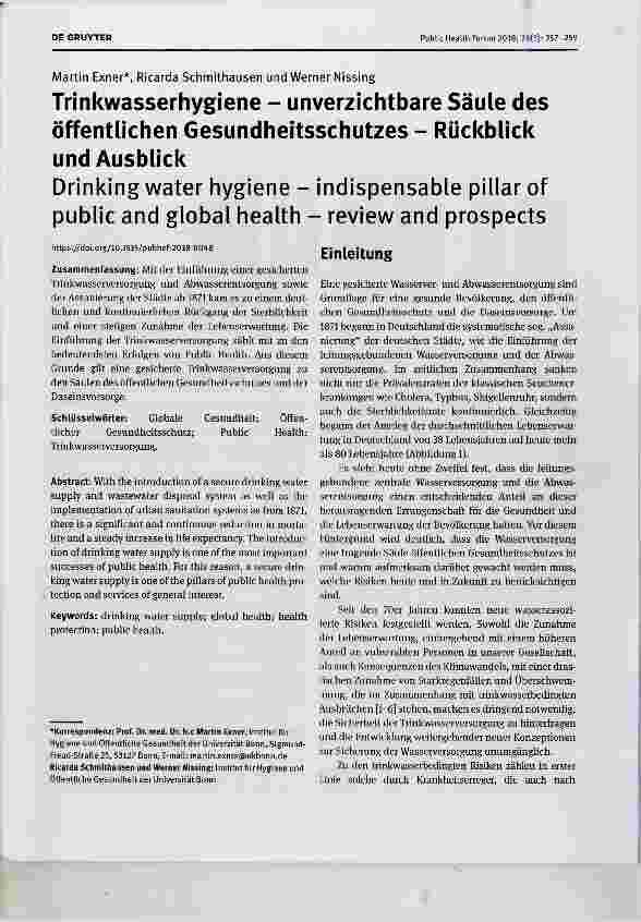 Vorschauseite 1: Trinkwasserhygiene - unverzichtbare Säule des öffentlichen Gesundheitsschutzes - Rückblick und Ausblick Drinking water hygiene - indispensable pillar of public and global health r…