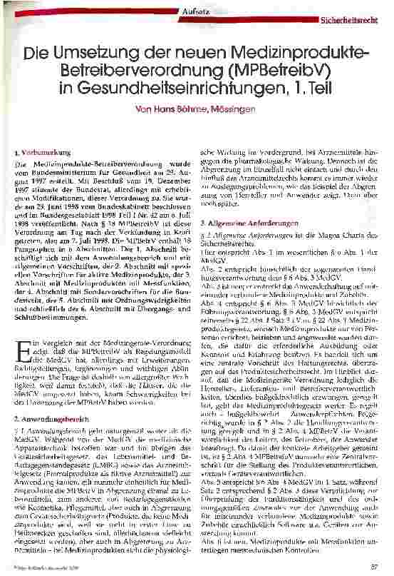 Vorschauseite 1: Die Umsetzung der neuen Medizinprodunkte-Betreiberverordnung (MPBetreibV) in Gesundheitseinrichtungen (Teil 1)