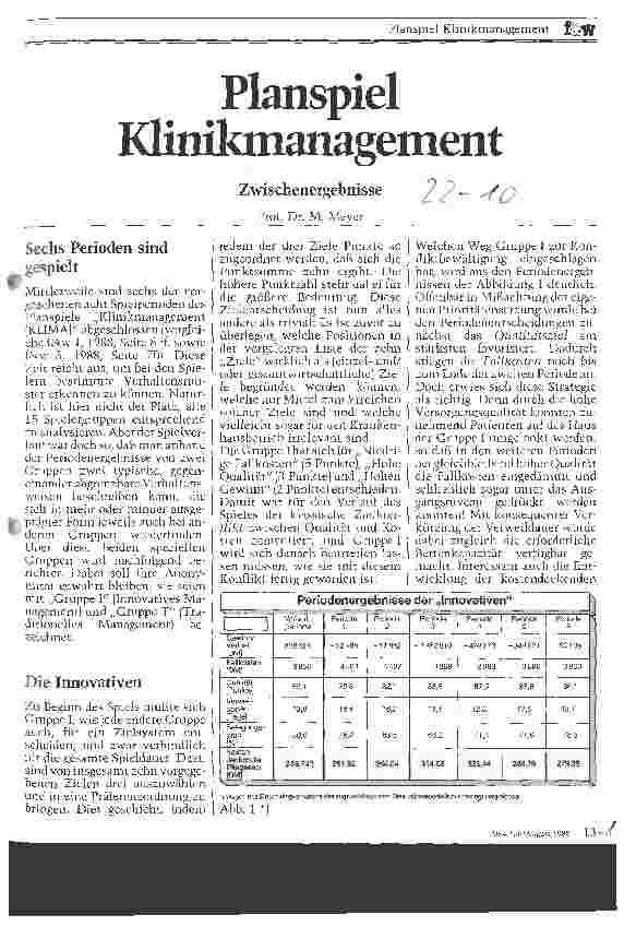 Vorschauseite 1: Planspiel Klinikmanagement Zwischenergebnisse