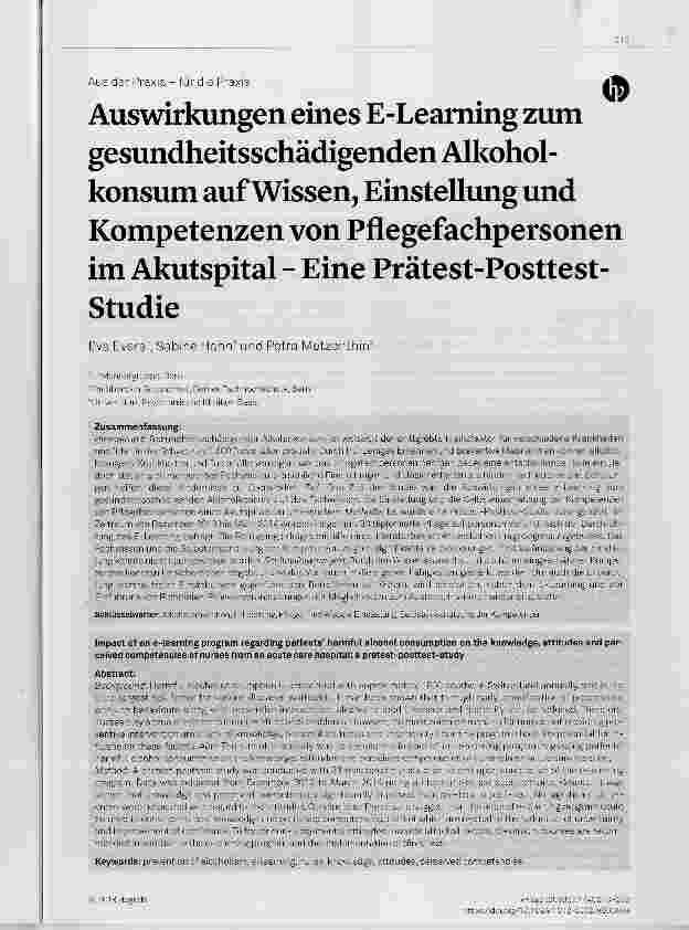 Vorschauseite 1: Auswirkungen eines E-Leaming zum gesundheitsschädigenden Alkoholkonsum auf Wissen, Einstellung und Kompetenzen von Pflegefachpersonen im Akutspital - Eine Prätest-Posttest- Studie