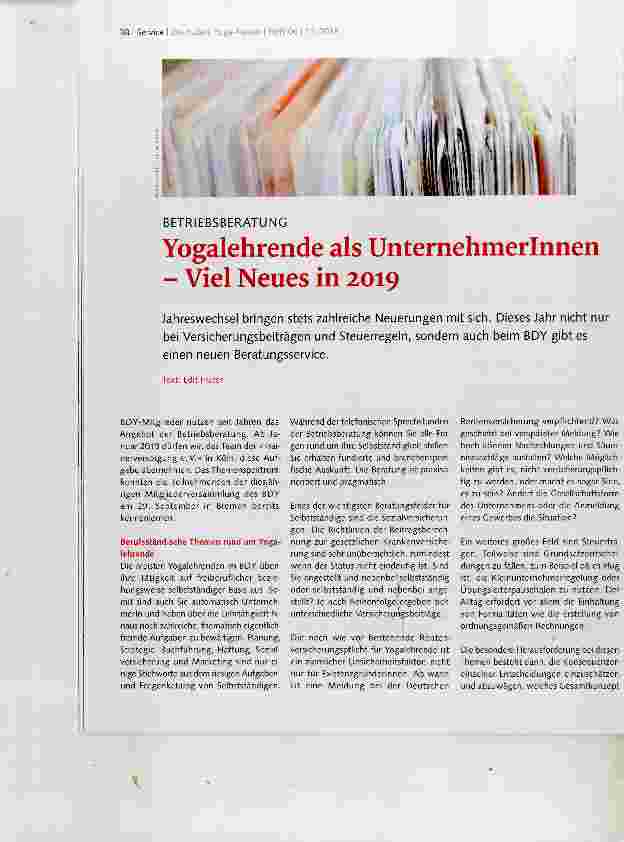 Vorschauseite 1: Yogalehrende als Unternehmerinnen Viel Neues in 2019