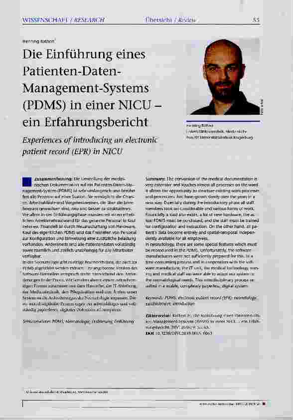 Vorschauseite 1: Die Einführung eines Patienten-Daten-Management-Systems (PDMS) in einer NICU - ein Erfahrungsbericht