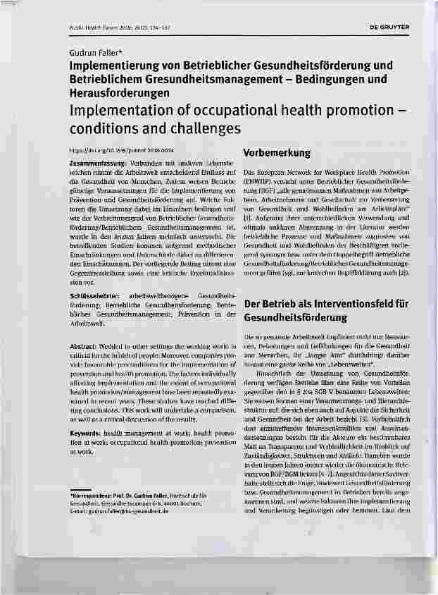 Vorschauseite 1: Implementierung von Betrieblicher Gesundheitsförderung und Betrieblichem Gresundheitsmanagement Bedingungen und Herausforderungen