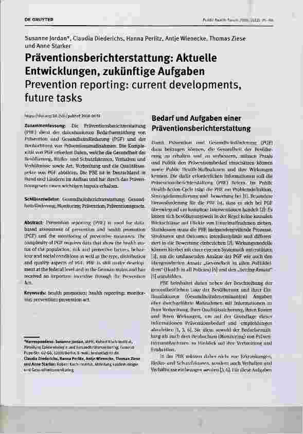 Vorschauseite 1: Präventionsberichterstattung: Aktuelle Entwicklungen, zukünftige Aufgaben