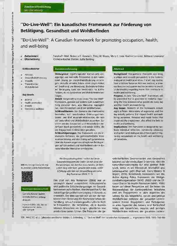 Vorschauseite 1: Do-Live-Well: Ein kanadisches Framework zur Förderung von Betätigung, Gesundheit und Wohlbefinden Do-Live-Well: A Canacdian framework for promoting occupation, health, and well-be…