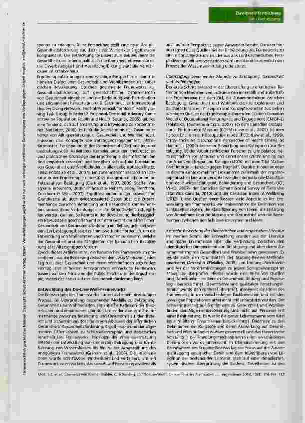 Vorschauseite 2: Do-Live-Well: Ein kanadisches Framework zur Förderung von Betätigung, Gesundheit und Wohlbefinden Do-Live-Well: A Canacdian framework for promoting occupation, health, and well-be…