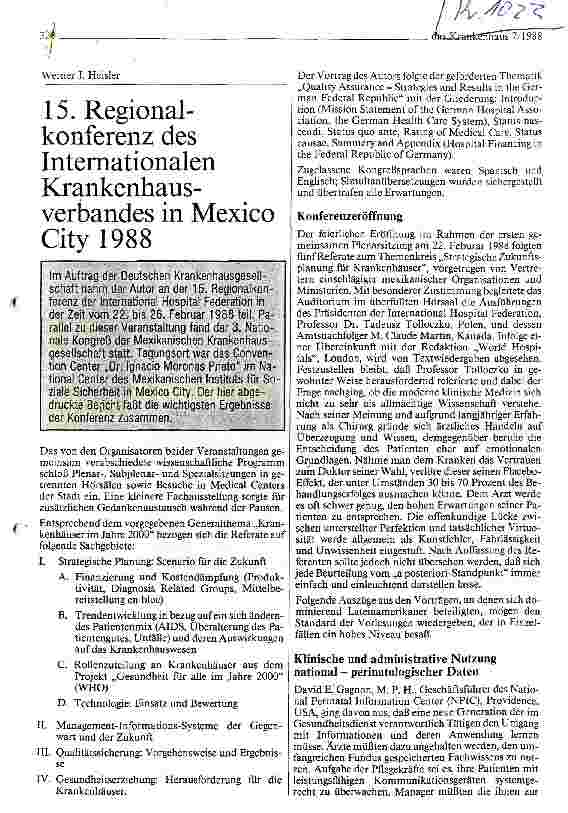 Vorschauseite 1: 15. Regionalkonferenz des Internationelen Krankenhausverbandes in Mexico City 1988
