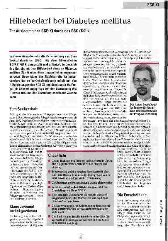 Vorschauseite 1: Hilfebedarf bei Diabetes mellitus Zur Auslegung des SGB XI durch das BSG (Teil 2)