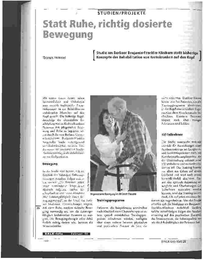 Vorschauseite 1: Statt Ruhe, richtig dosierte Bewegung Studie am Berliner Benjamin-Franklin-Klinikum stellt bisherige Konzepte der Rehabilitation von Krebskranken auf den Kopf