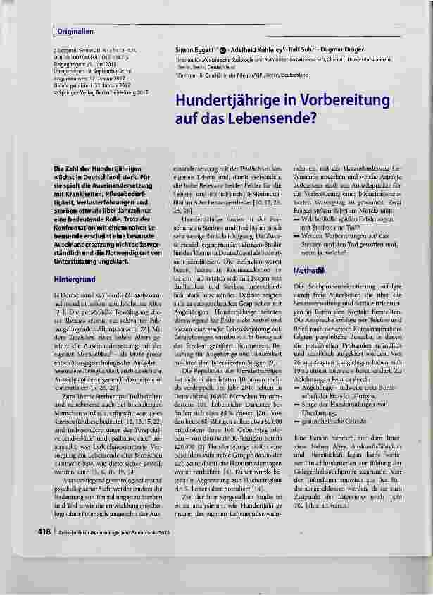 Vorschauseite 1: Hundertjährige in Vorbereitung auf das Lebensende?