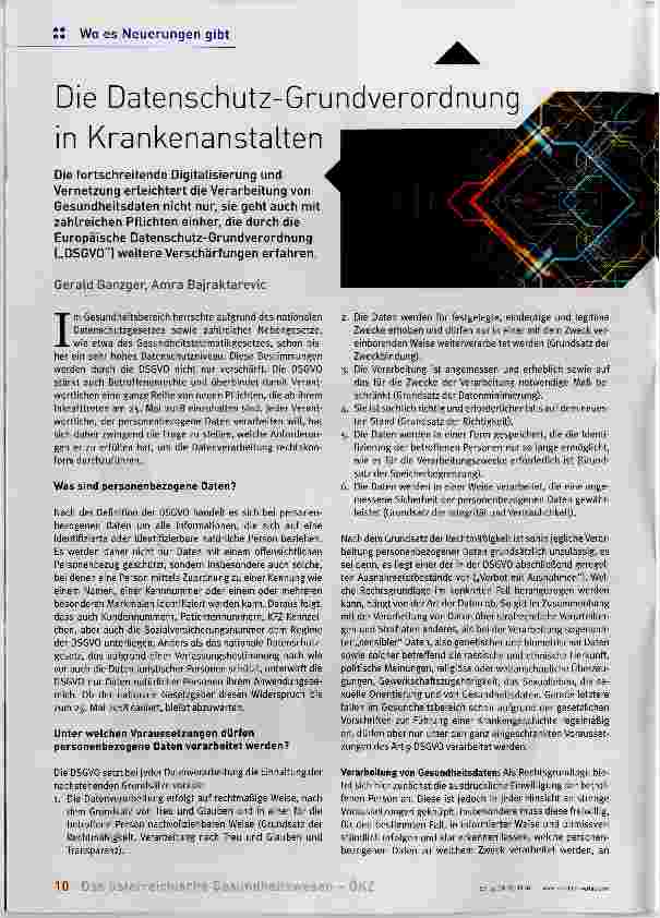 Vorschauseite 1: Die Datenschutz-Grundverordnung in Krankenanstalten