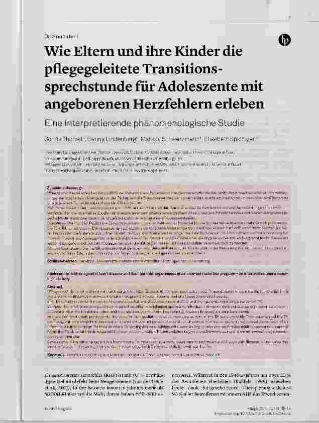 Vorschauseite 1: Wie Eltern und ihre Kinder die pflegegeleitete Transitions- Sprechstunde für Adoleszente mit angeborenen Herzfehlern erleben