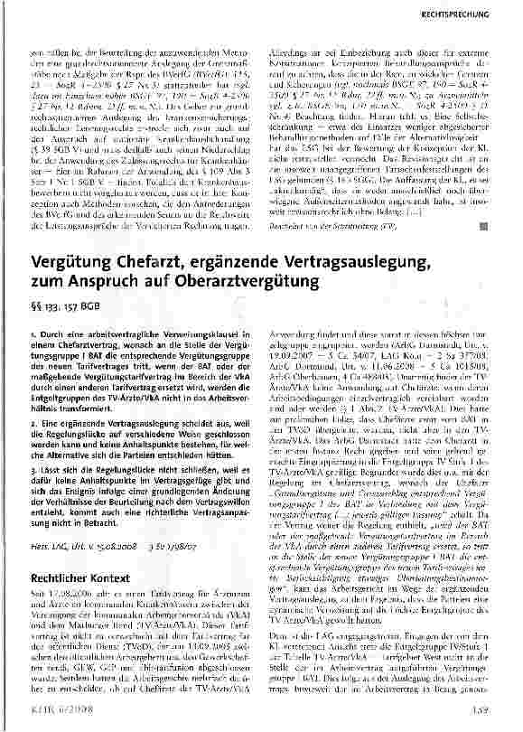 Vorschauseite 1: Vergütung Chefarzt, ergänzende Vertragsauslegung, zum Anspruch auf Oberarztvergütung