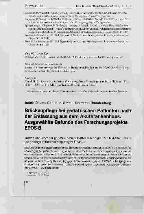 Vorschauseite 1: Brückenpflege bei geriatrischen Patienten nach der Entiassung aus dem Akutkrankenhaus. Ausgewähite Befunde des Forschungsprojekts EPOS-B