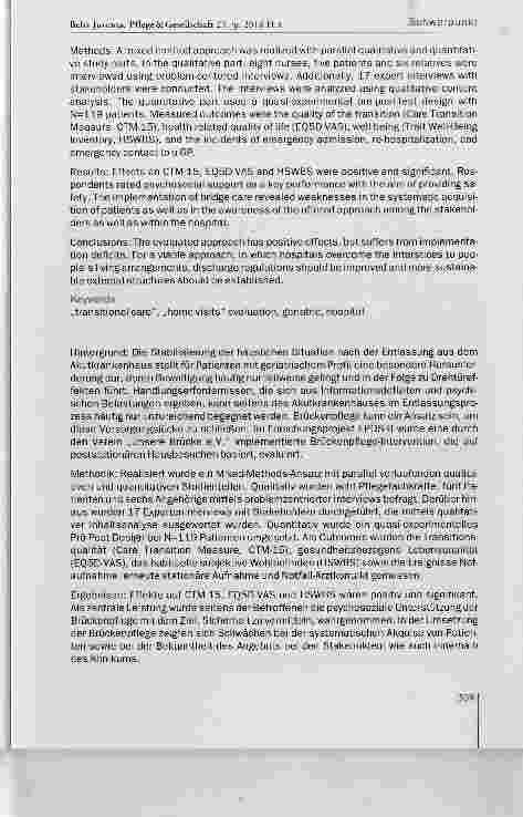 Vorschauseite 2: Brückenpflege bei geriatrischen Patienten nach der Entiassung aus dem Akutkrankenhaus. Ausgewähite Befunde des Forschungsprojekts EPOS-B