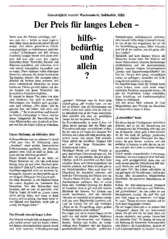 Vorschauseite 1: Der Preis für langes Leben - hilfsbedürftig und allein? Gerechtigkeit braucht Wachsamkeit, Solidarität, Hilfe