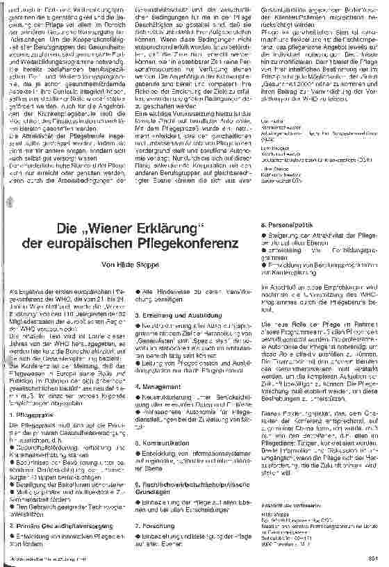 Vorschauseite 1: Die Wiener Erklärung der europäischen Pflegekonferenz