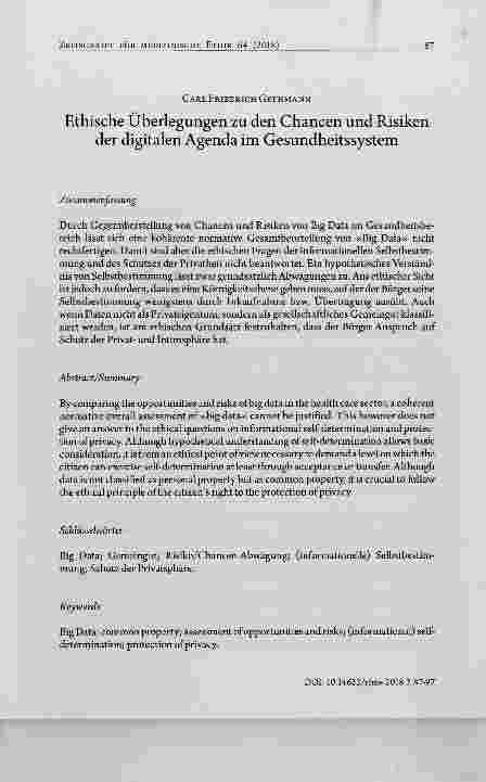 Vorschauseite 1: Ethische Überlegungen zu den Chancen und Risiken der digitalen Agenda im Gesundheitssystem