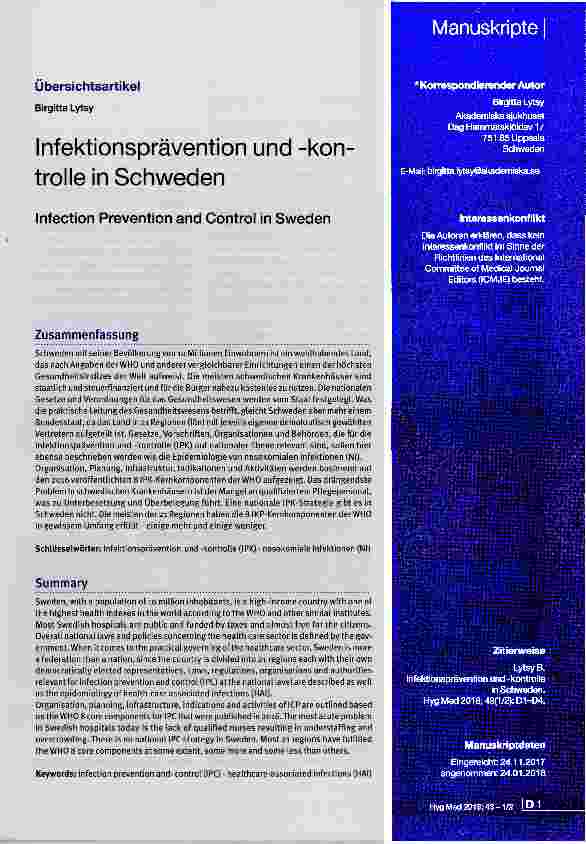 Vorschauseite 1: Infektionsprävention und -Kontrolle in Schweden