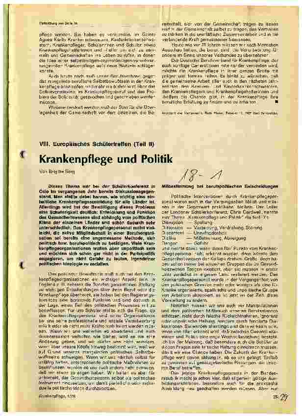 Vorschauseite 1: Krankenpflege und Politik VIII. Europäisches Schülertreffen (II)