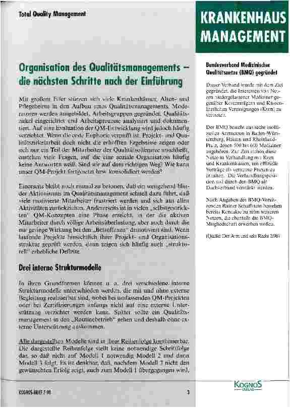 Vorschauseite 1: Organisation des Qualitätsmanagements - die nächsten Schritte nach der Einführung