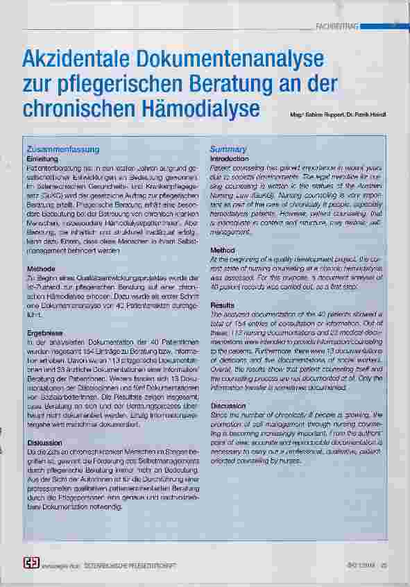 Vorschauseite 1: Akzidentale Dokumentenanalyse zur pflegerischen Beratung an der chronischen Hämodiaiyse