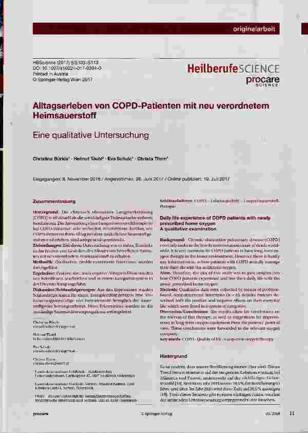 Vorschauseite 1: Alltagserleben von COPD-Patienten mit neu verordnetem Heimsauerstoff Eine qualitative Untersuchung