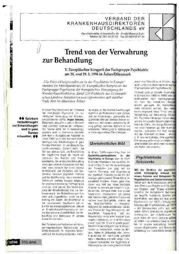 Vorschauseite 1: Trend von der Verwahrung zur Behandlung V. Kongreß der Fachgruppe Psychiatrie in Dänemark
