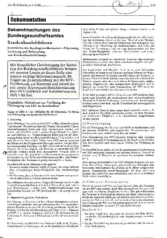 Vorschauseite 1: Krankenhausinfektionen Kommission des Bundesgesundheitsamtes > Erkennung, Verhütung und Bekämpfung von Krankenhausinfektionen