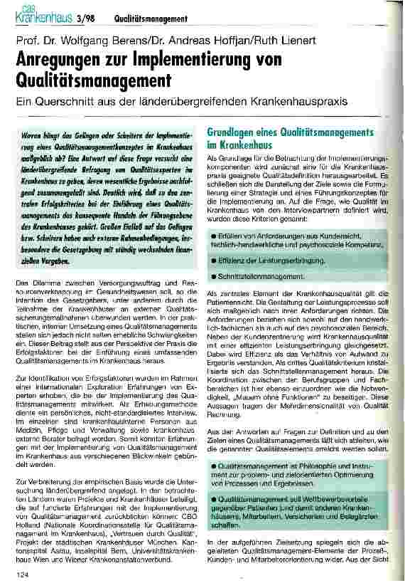 Vorschauseite 1: Anregungen zur Implementierung von Qualitätsmanagement Ein Querschnitt aus der länderübergreifenden Krankenhauspraxis