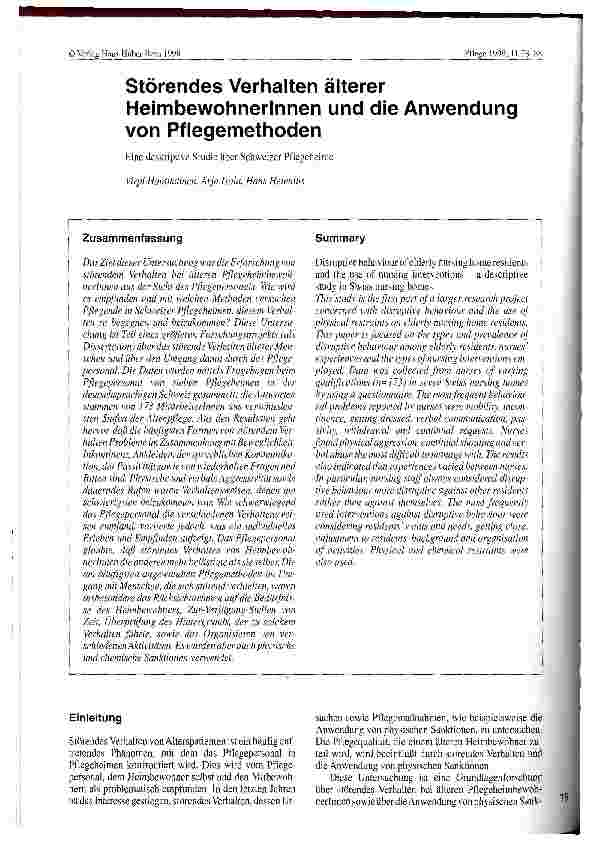 Vorschauseite 1: Störendes Verhalten älterer HeimbewohnerInnen und die Anewendung von Pflegemethoden