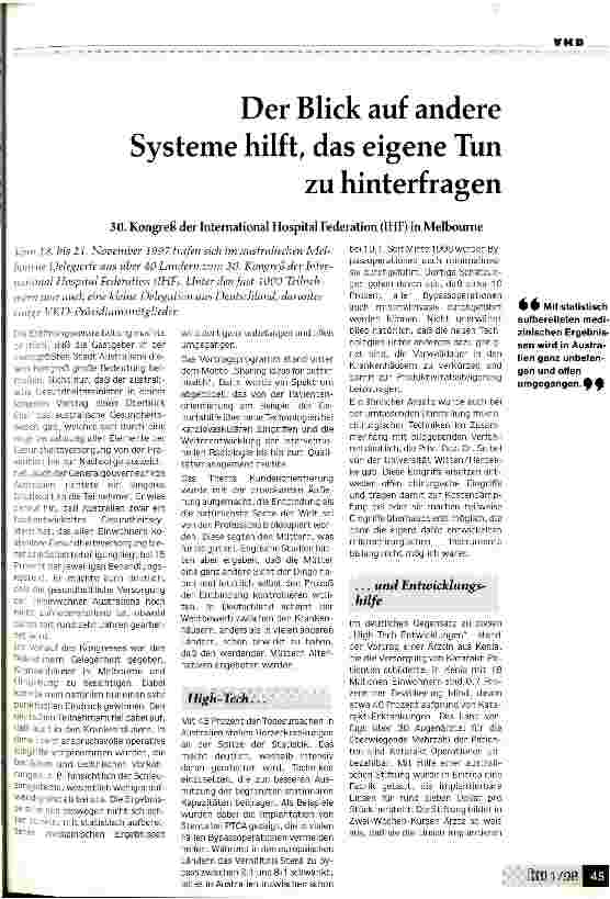 Vorschauseite 1: Der Blick auf andere Systeme hilft, das eigene Tun zu hinterfragen 30.Kongreß der International Hospital Federation (IHF) in Melbourne